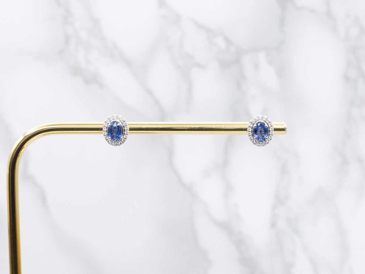 Modern White Gold Sapphire and Diamond Halo Stud Earrings