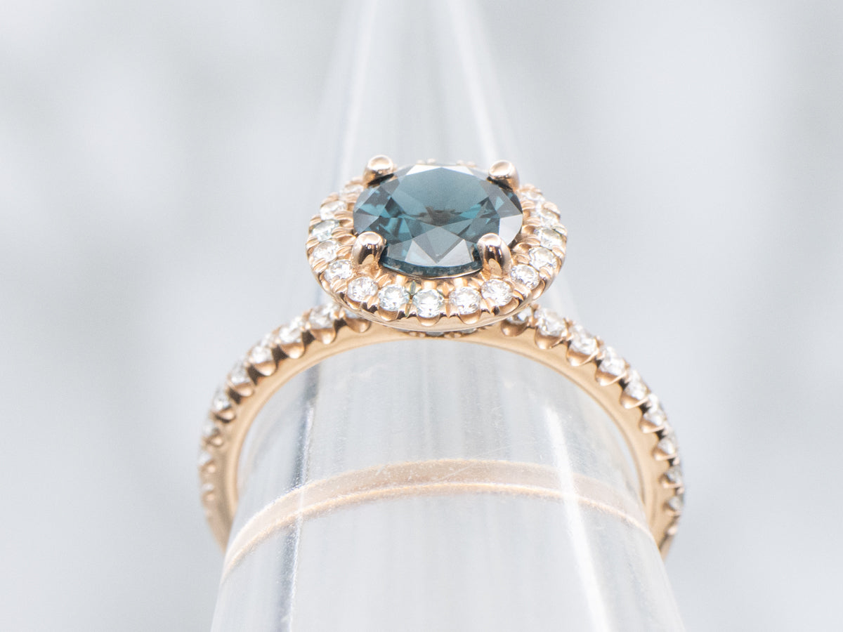 Blue-Spinel and Diamond Modern Halo Rose Gold Ring