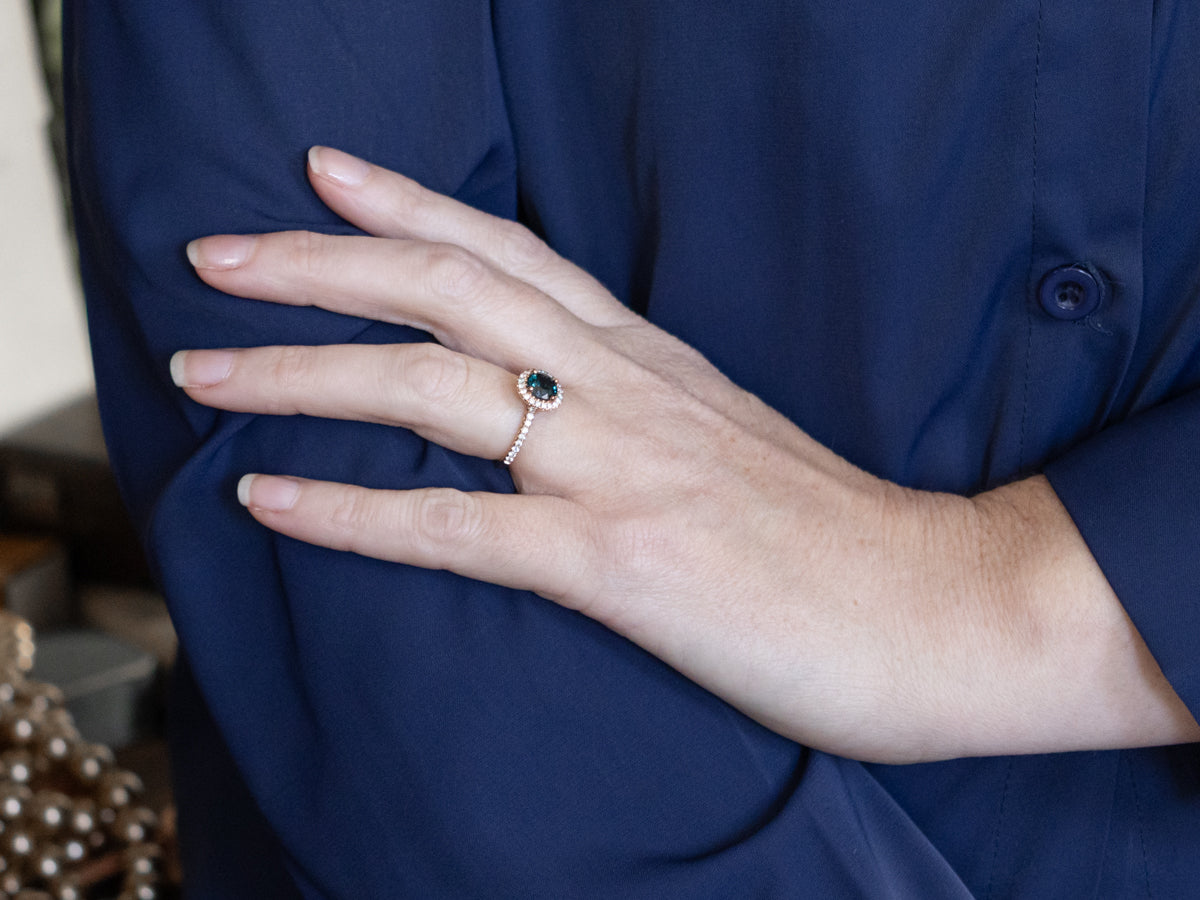 Blue-Spinel and Diamond Modern Halo Rose Gold Ring
