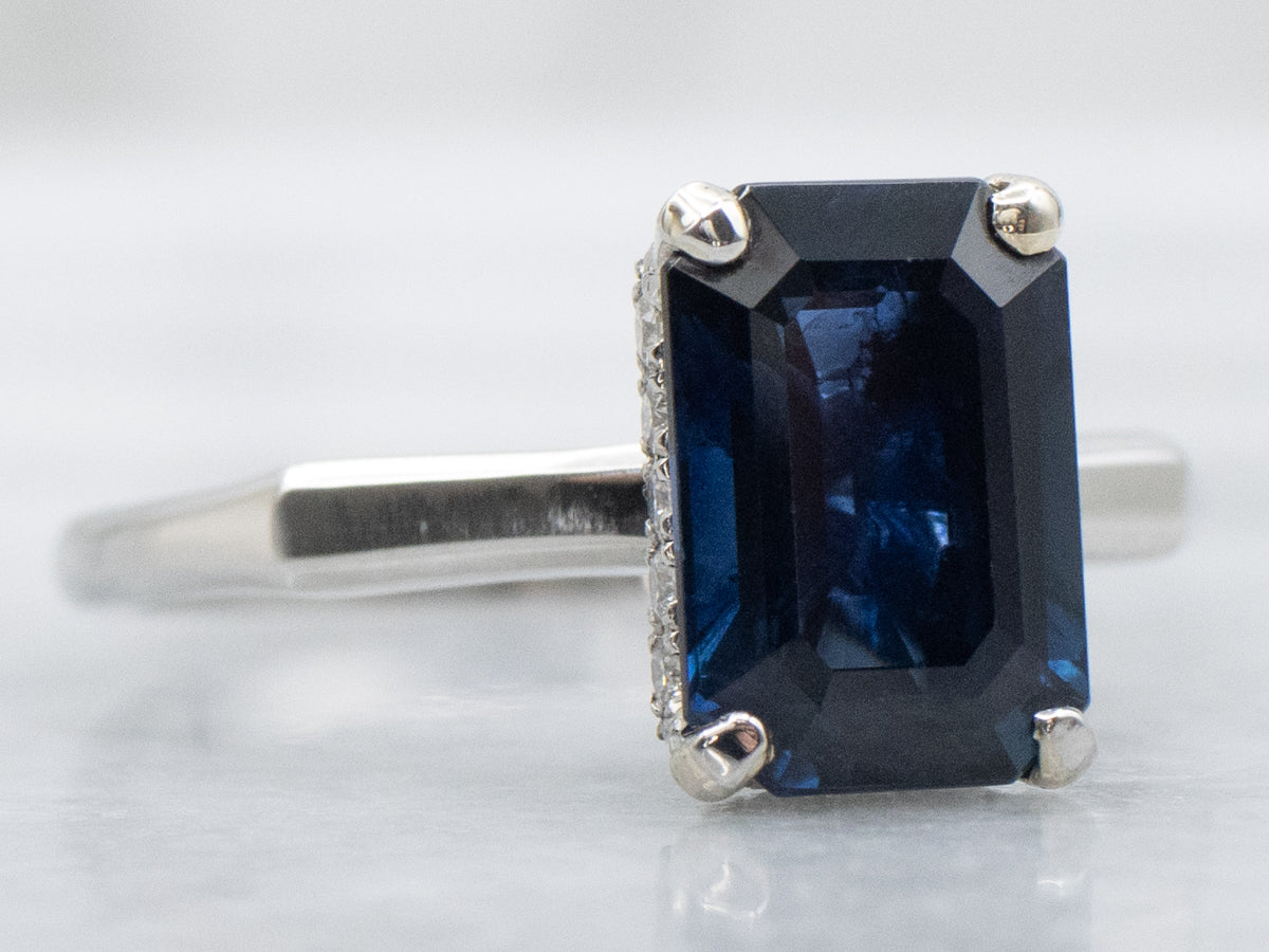 Platinum Sapphire Engagement Ring with Hidden Diamond Halo