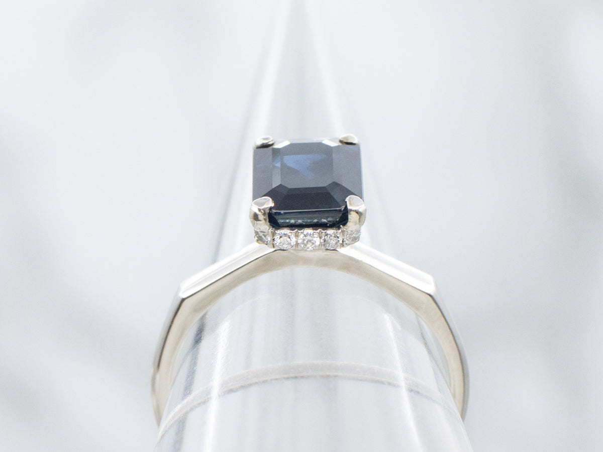 Platinum Sapphire Engagement Ring with Hidden Diamond Halo