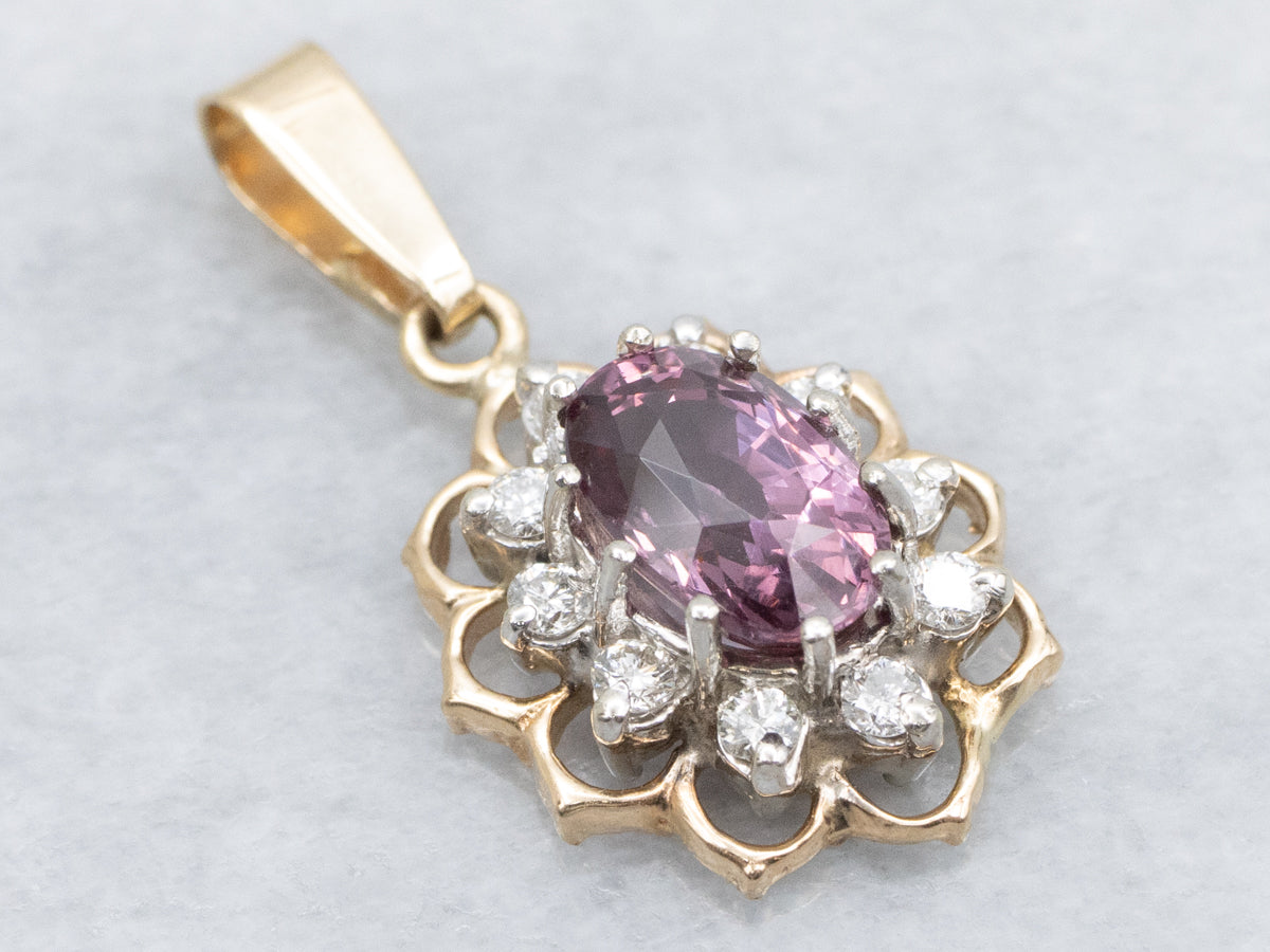 Purple-Pink Garnet and Diamond Halo Pendant