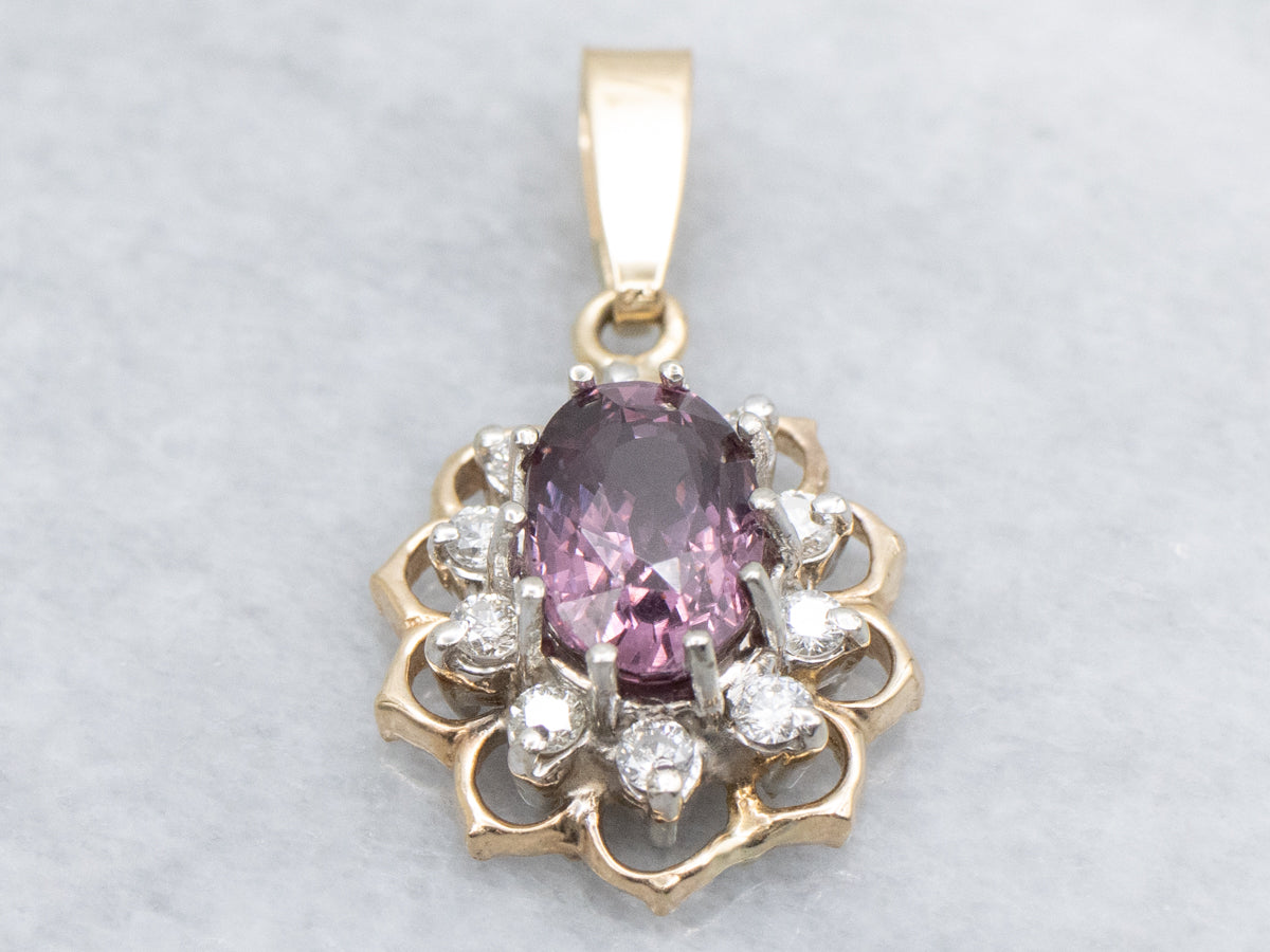 Purple-Pink Garnet and Diamond Halo Pendant