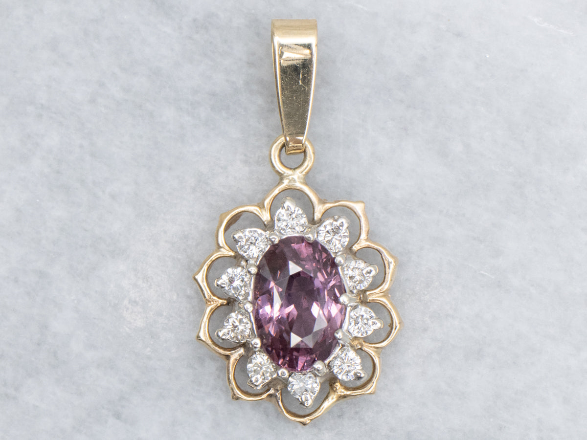 Purple-Pink Garnet and Diamond Halo Pendant