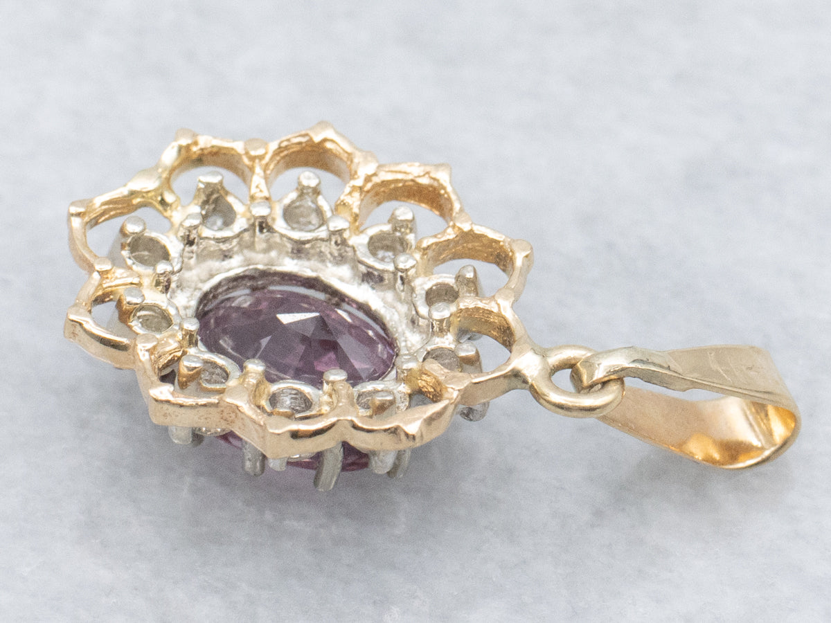 Purple-Pink Garnet and Diamond Halo Pendant