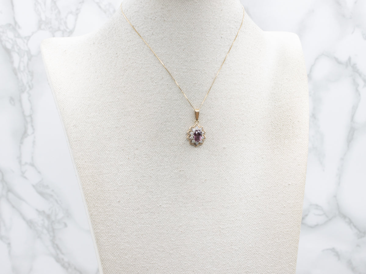 Purple-Pink Garnet and Diamond Halo Pendant