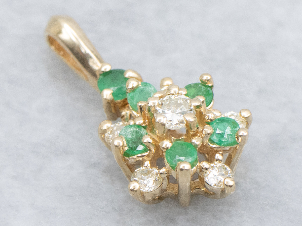 Diamond and Emerald Floral Yellow Gold Pendant