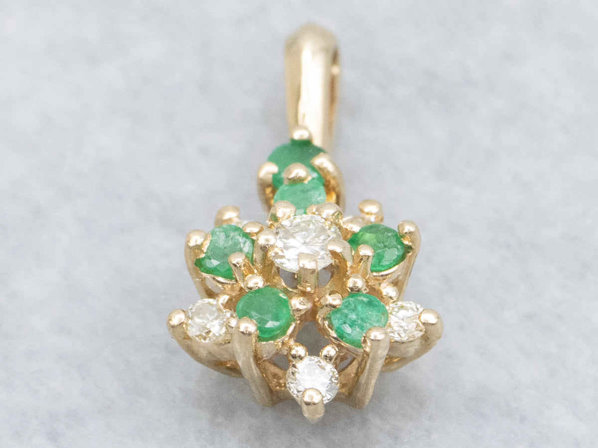 Diamond and Emerald Floral Yellow Gold Pendant