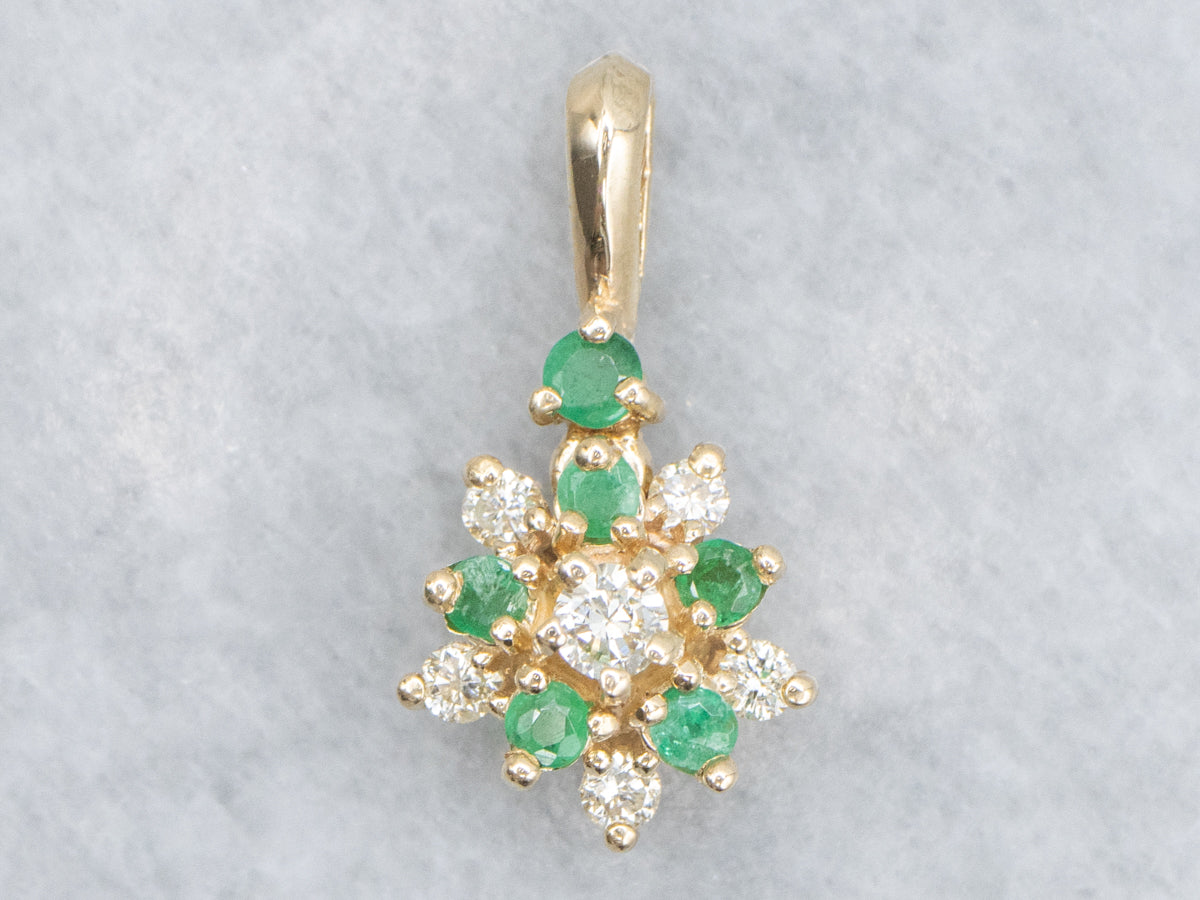 Diamond and Emerald Floral Yellow Gold Pendant