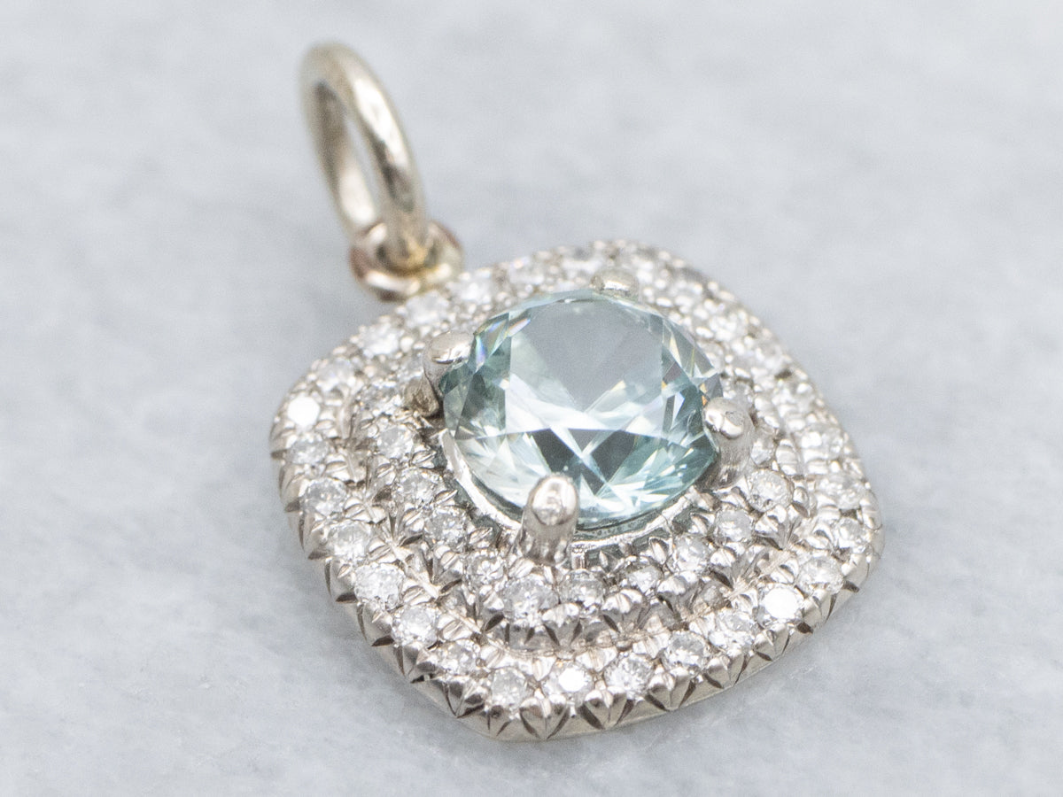 Blue Zircon and Double Diamond Halo White Gold Pendant