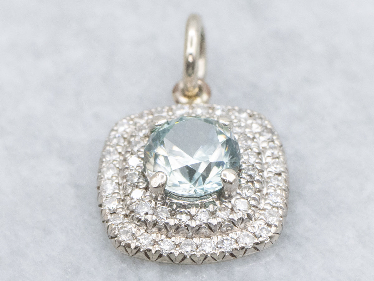 Blue Zircon and Double Diamond Halo White Gold Pendant
