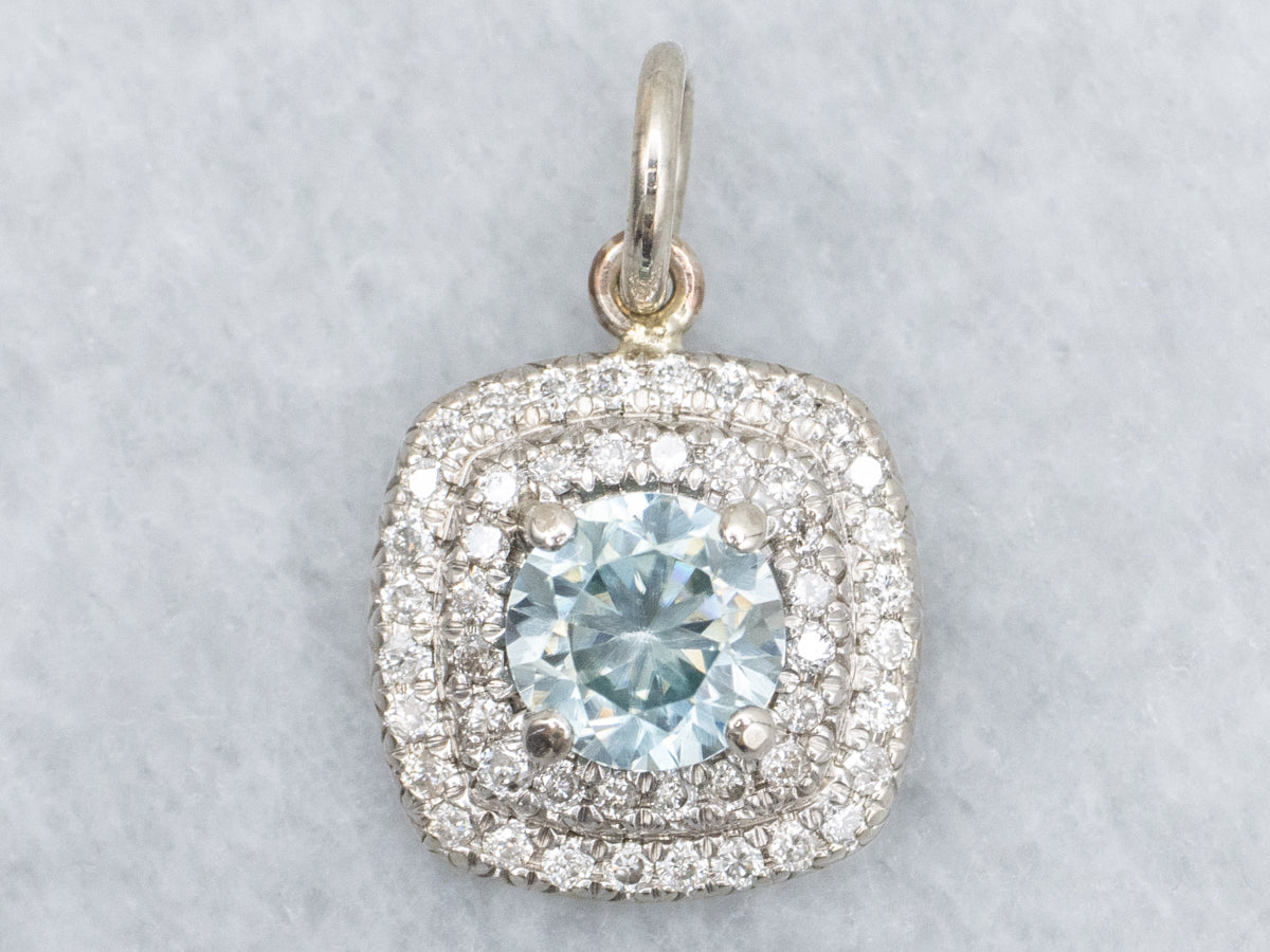 Blue Zircon and Double Diamond Halo White Gold Pendant