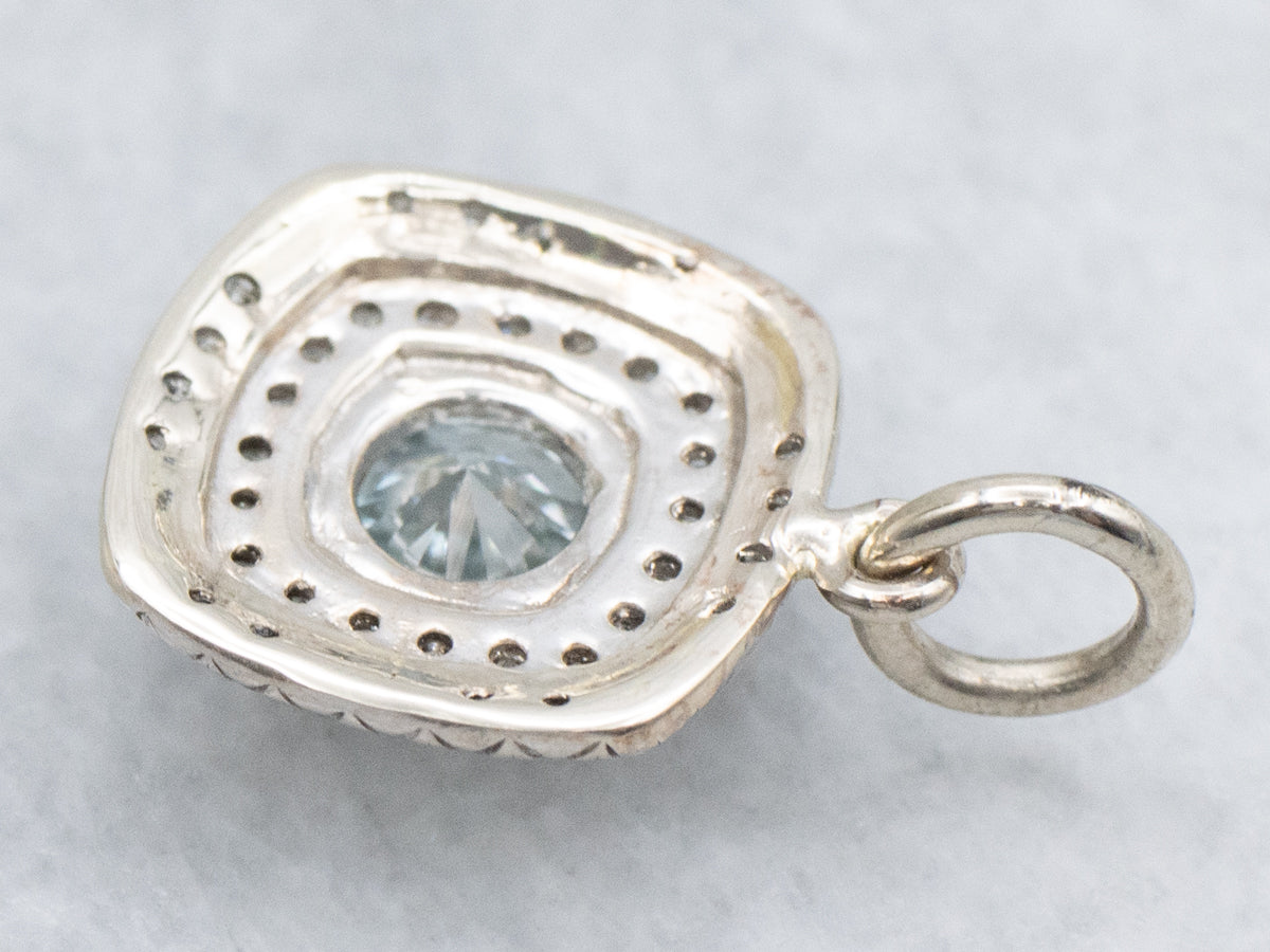 Blue Zircon and Double Diamond Halo White Gold Pendant