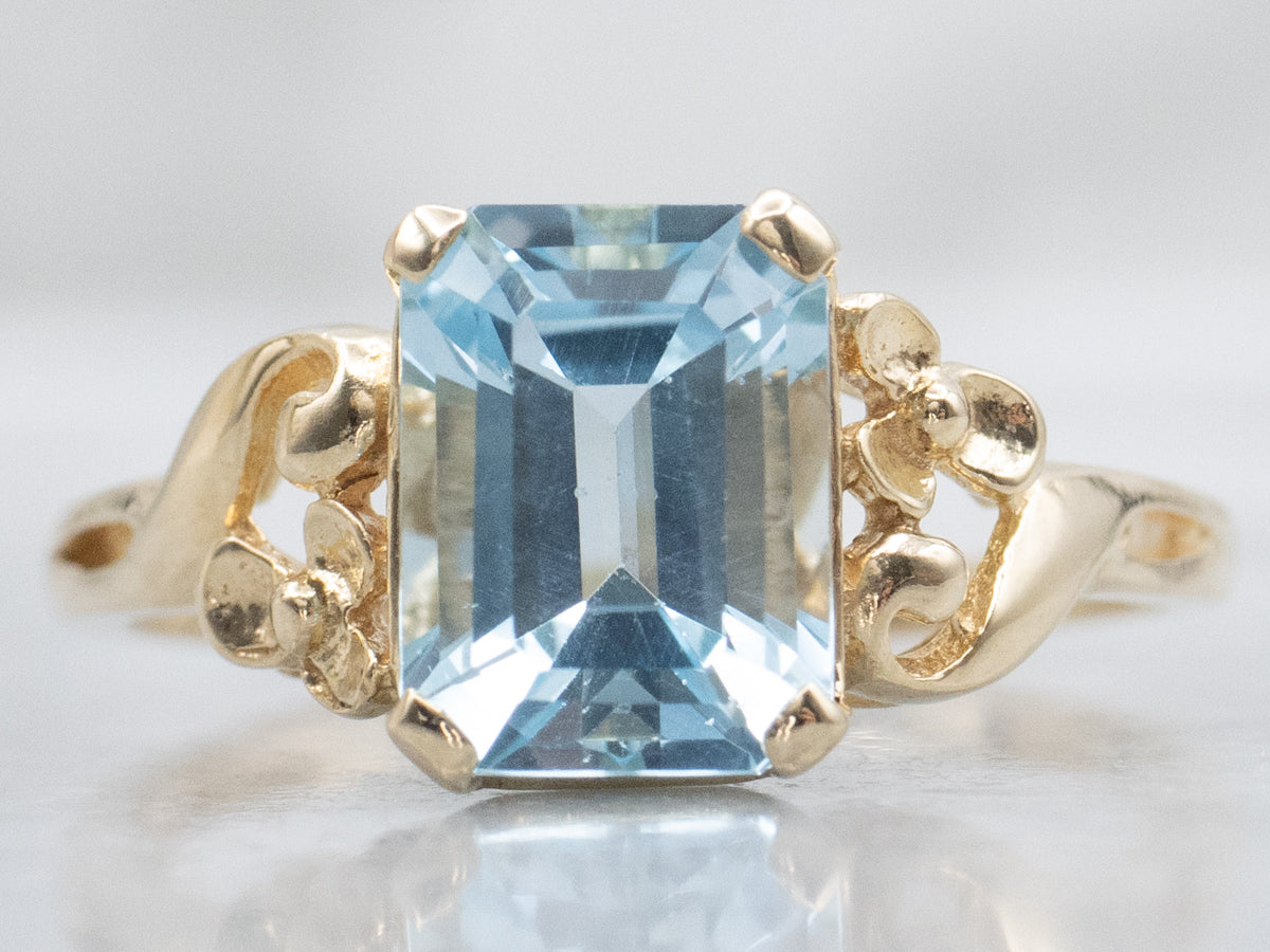 Blue Topaz in Vintage Floral Solitaire Setting Ring
