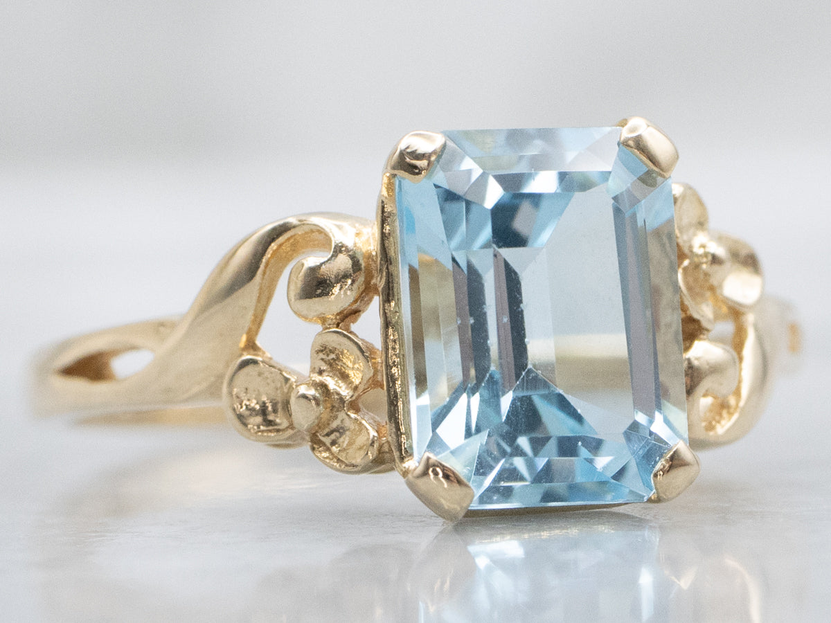 Blue Topaz in Vintage Floral Solitaire Setting Ring
