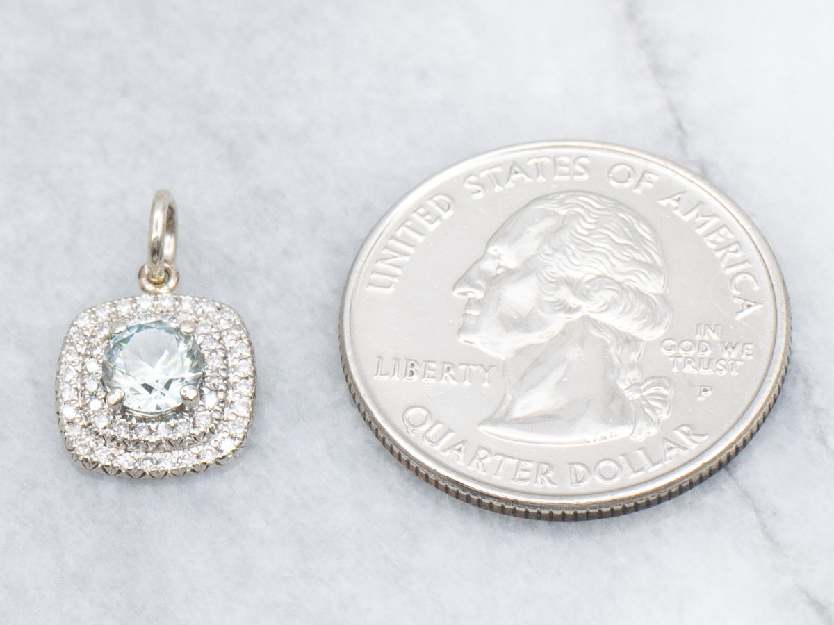 Blue Zircon and Double Diamond Halo White Gold Pendant