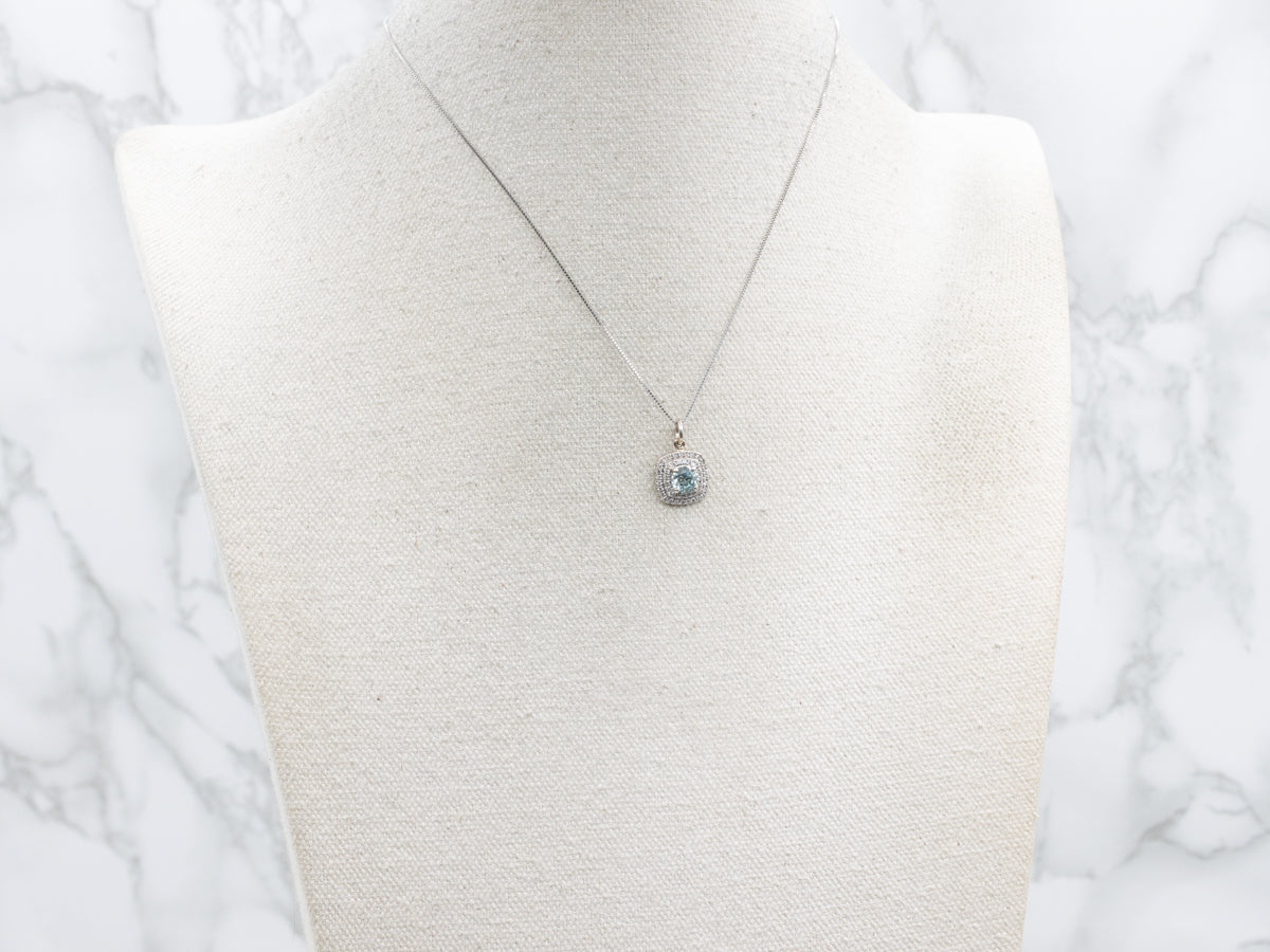Blue Zircon and Double Diamond Halo White Gold Pendant