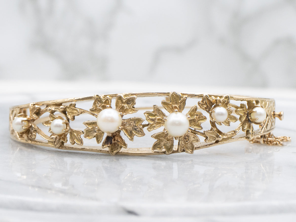 Antique Floral Saltwater Pearl Yellow Gold Hinged Bangle Bracelet