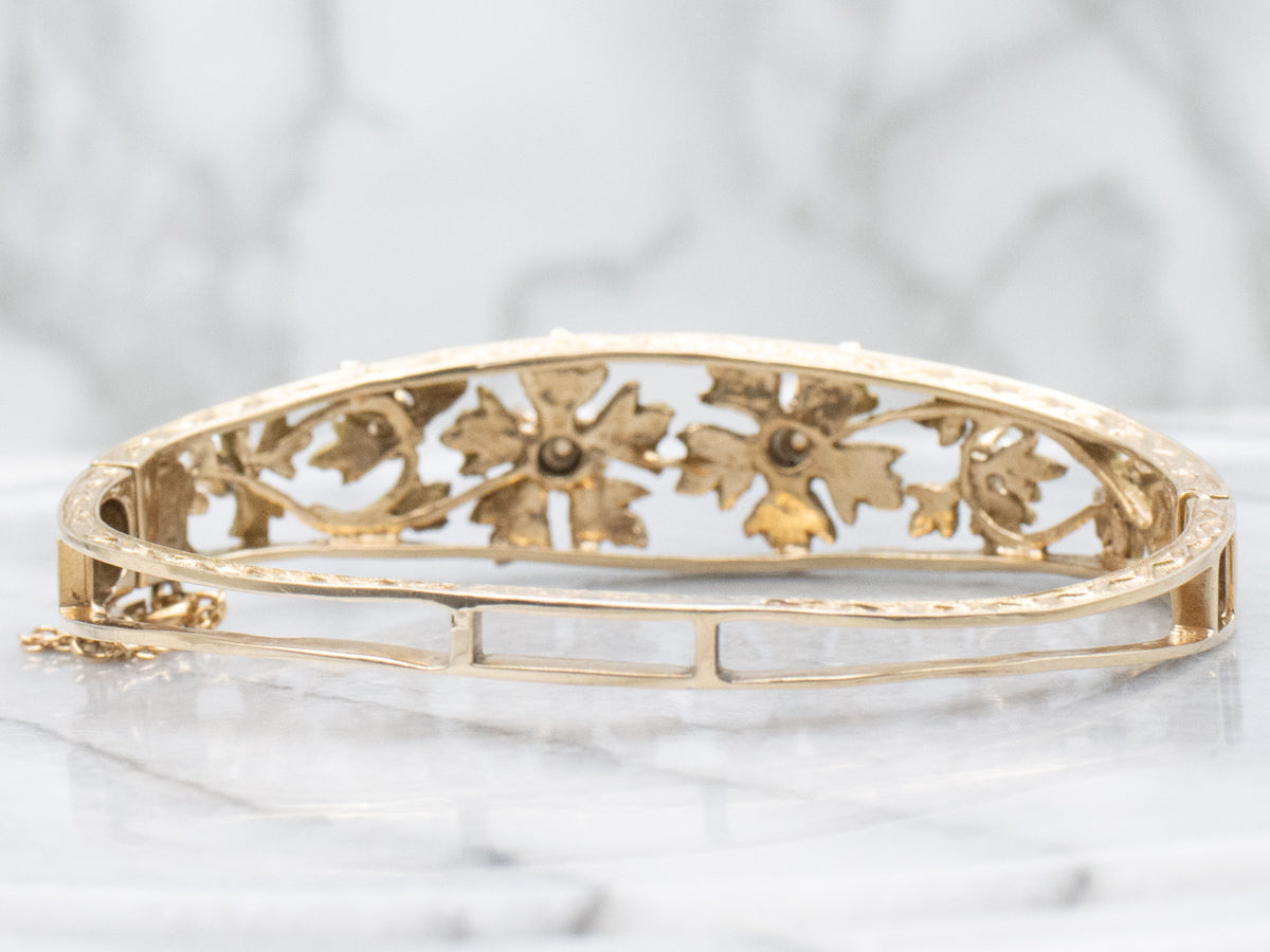 Antique Floral Saltwater Pearl Yellow Gold Hinged Bangle Bracelet