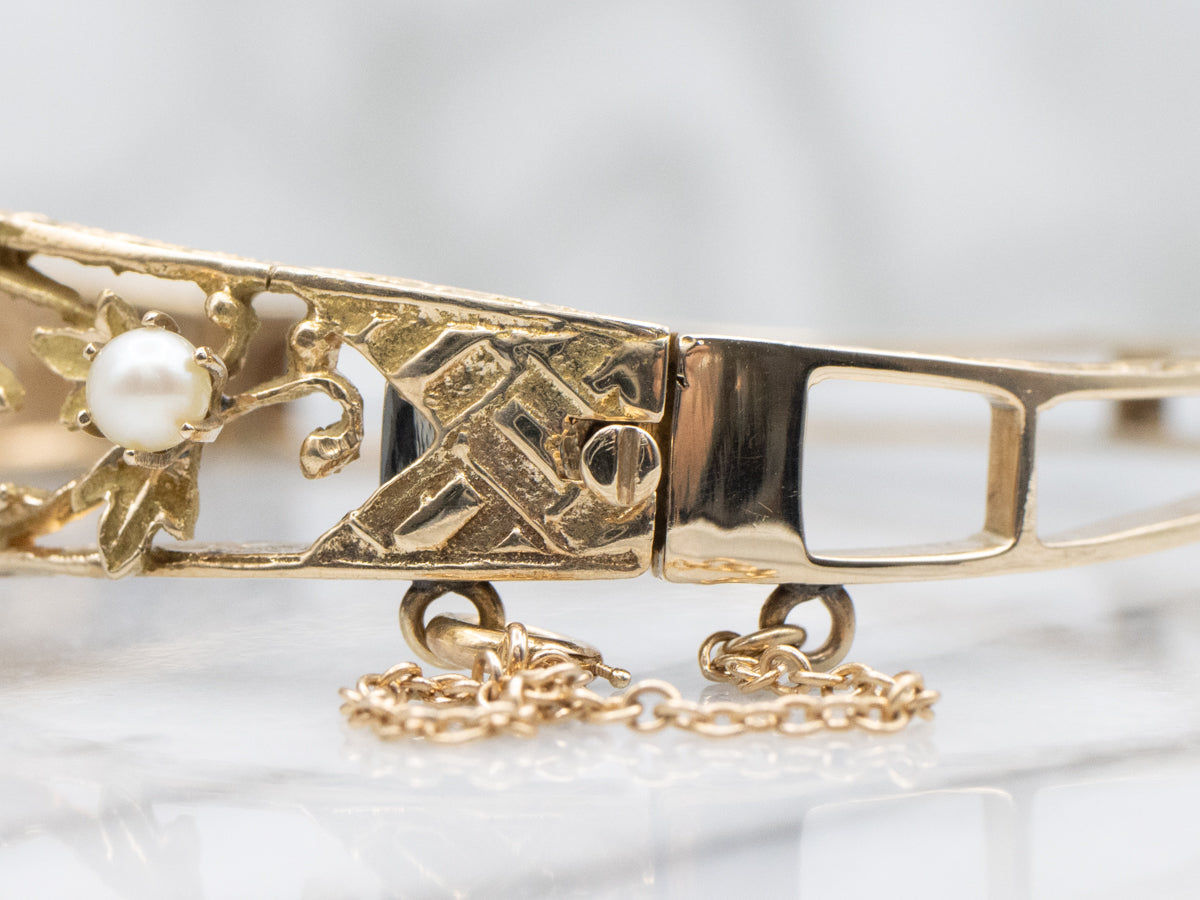 Antique Floral Saltwater Pearl Yellow Gold Hinged Bangle Bracelet