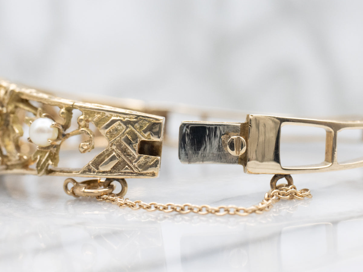 Antique Floral Saltwater Pearl Yellow Gold Hinged Bangle Bracelet