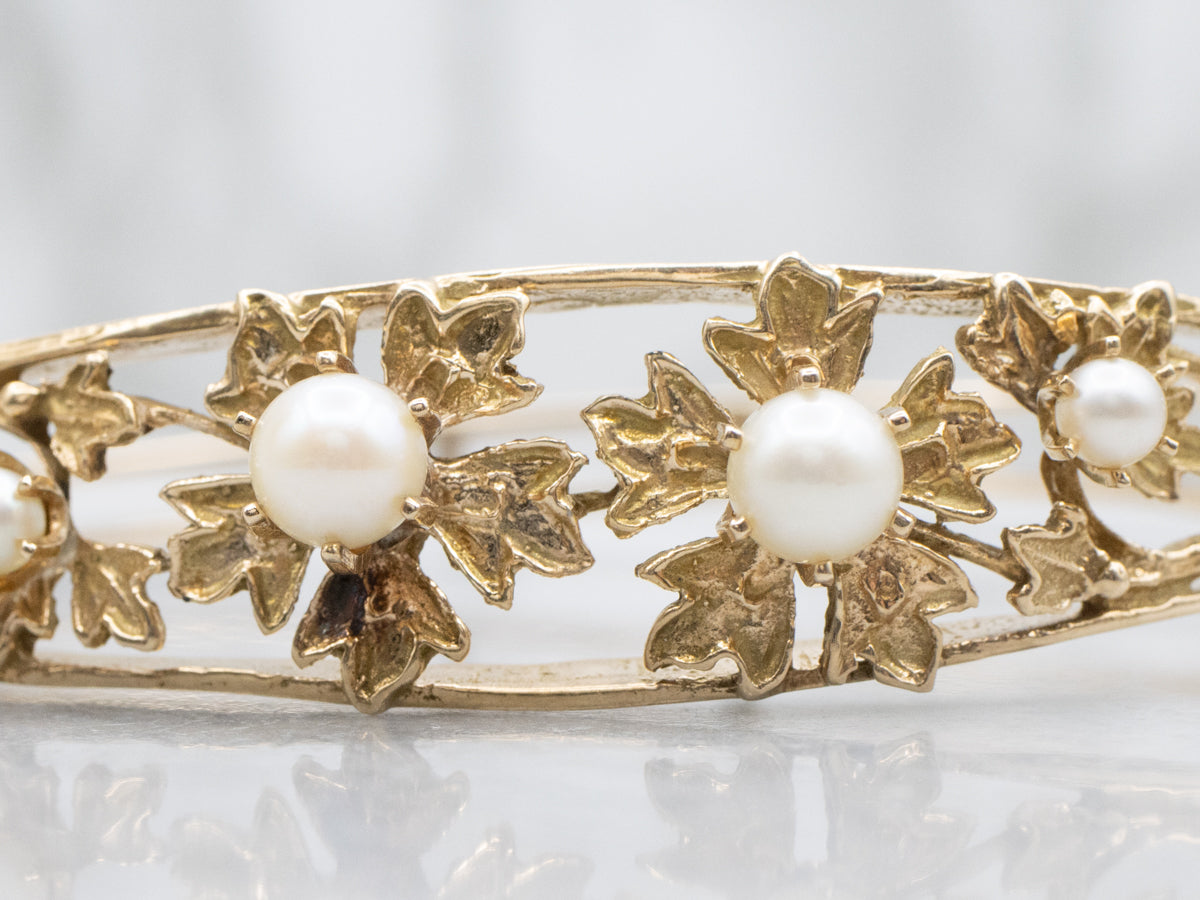 Antique Floral Saltwater Pearl Yellow Gold Hinged Bangle Bracelet
