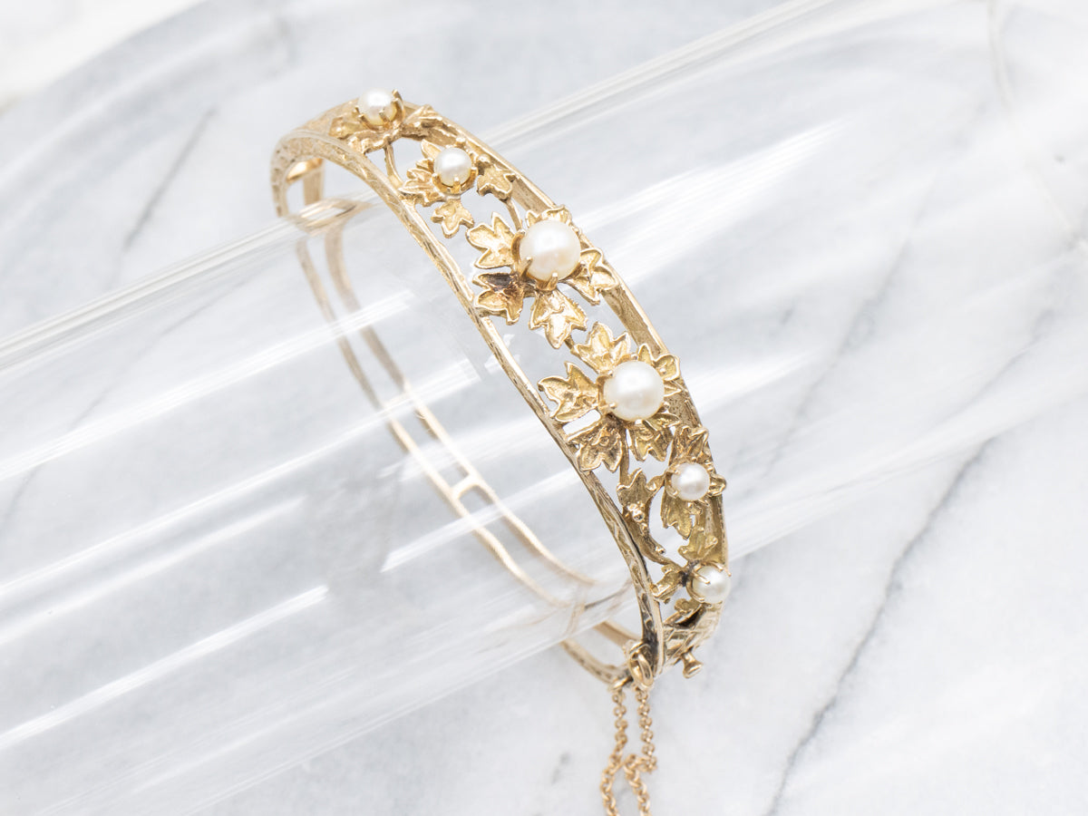 Antique Floral Saltwater Pearl Yellow Gold Hinged Bangle Bracelet
