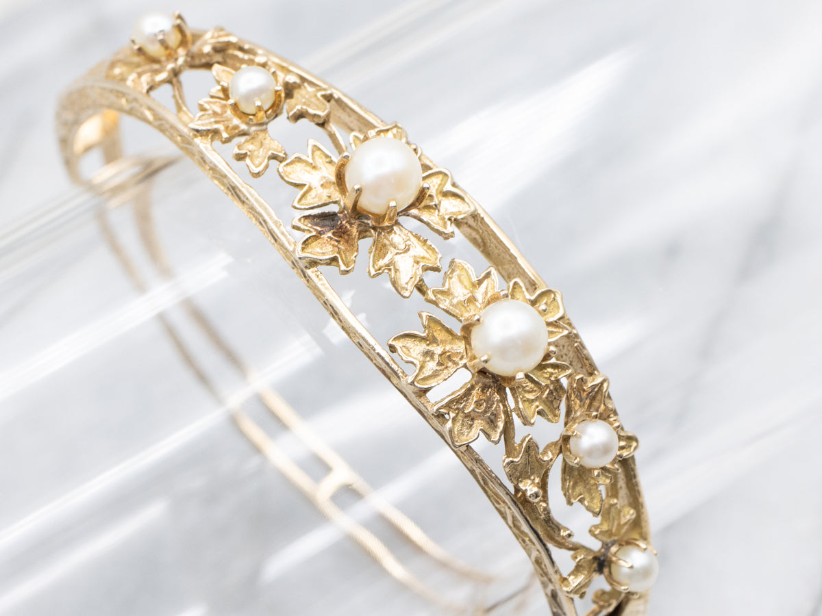 Antique Floral Saltwater Pearl Yellow Gold Hinged Bangle Bracelet