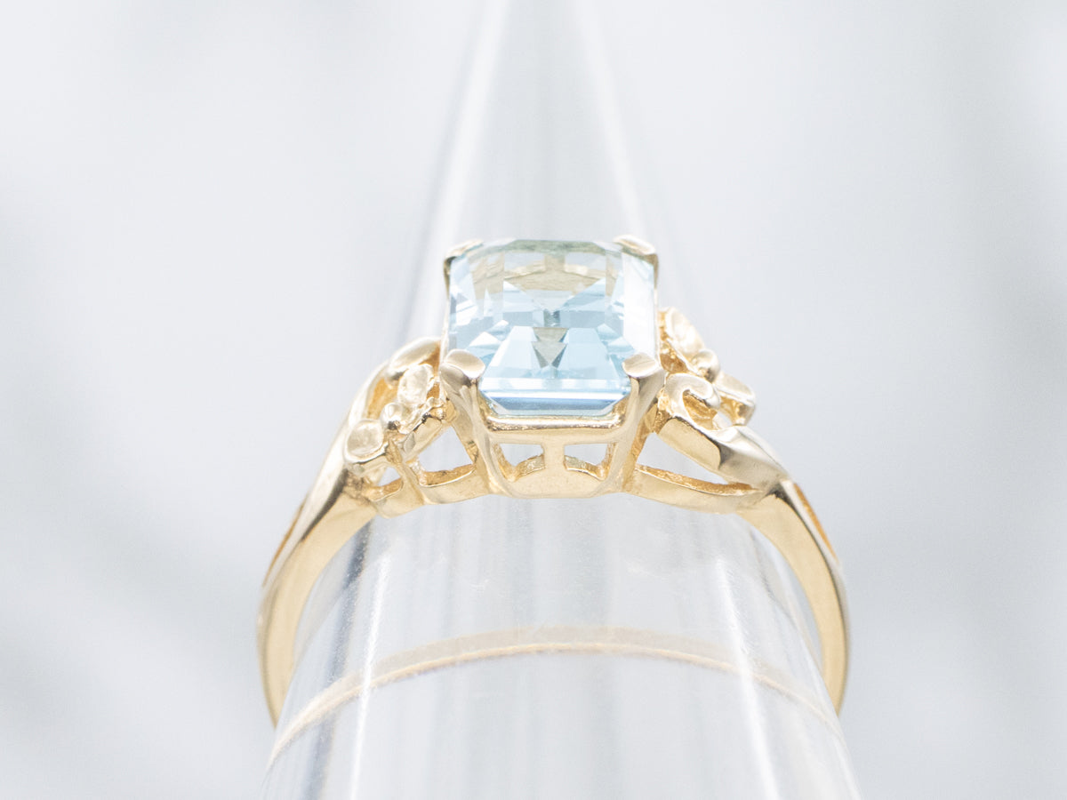 Blue Topaz in Vintage Floral Solitaire Setting Ring