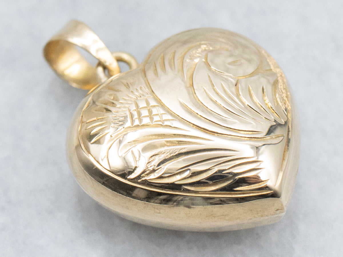 Engraved Vintage Gold Puffy Heart Pendant