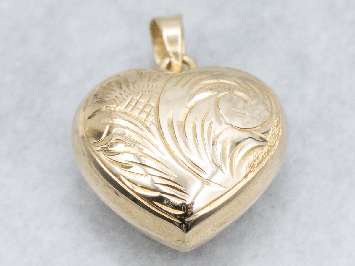 Engraved Vintage Gold Puffy Heart Pendant