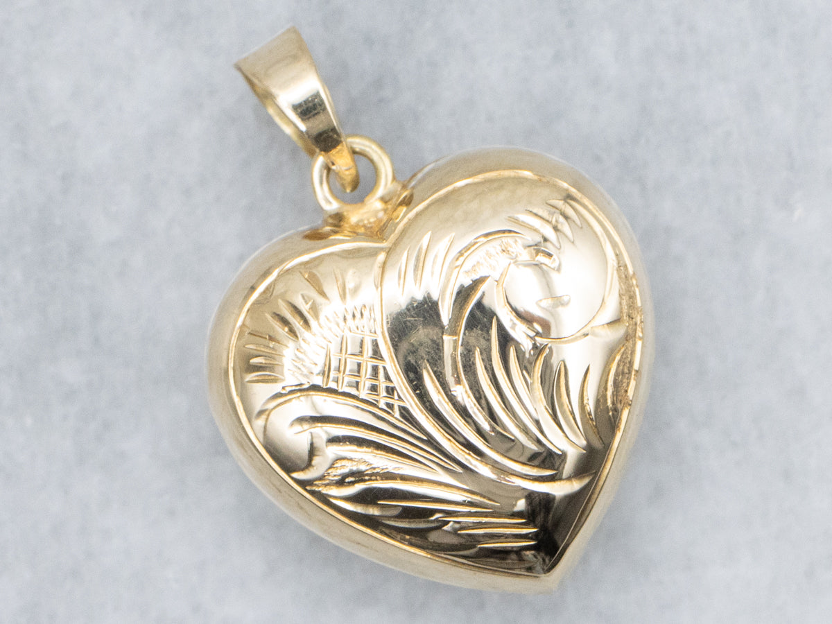 Engraved Vintage Gold Puffy Heart Pendant