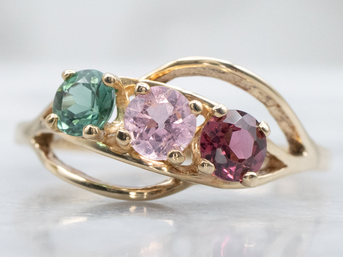 Vintage Pink and Green Tourmaline and Garnet Three-Stone Ring