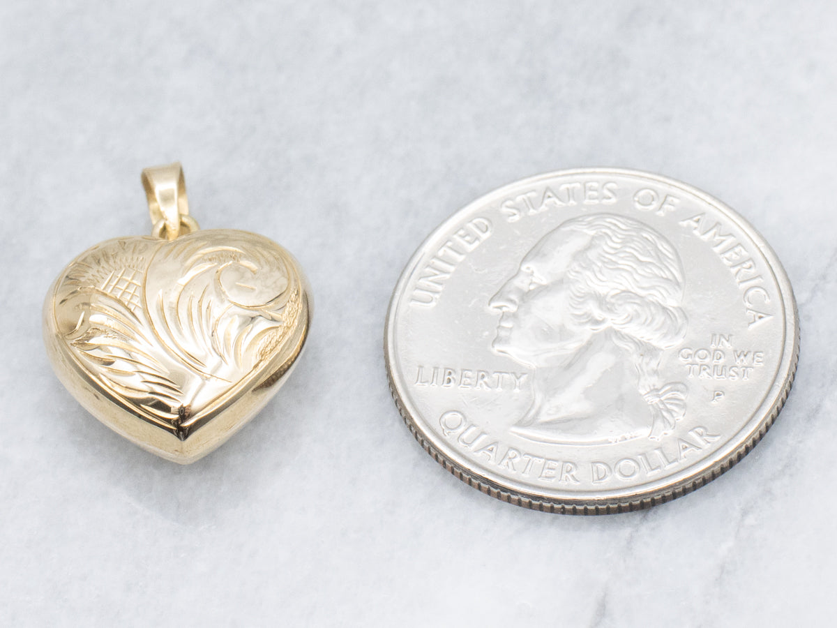 Engraved Vintage Gold Puffy Heart Pendant