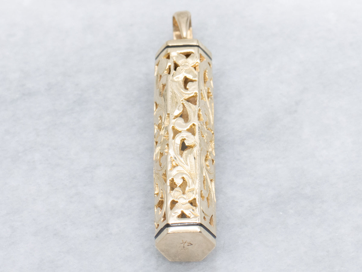 Yellow Gold and Black Enamel Hawaiian Heirloom Tube Pendant