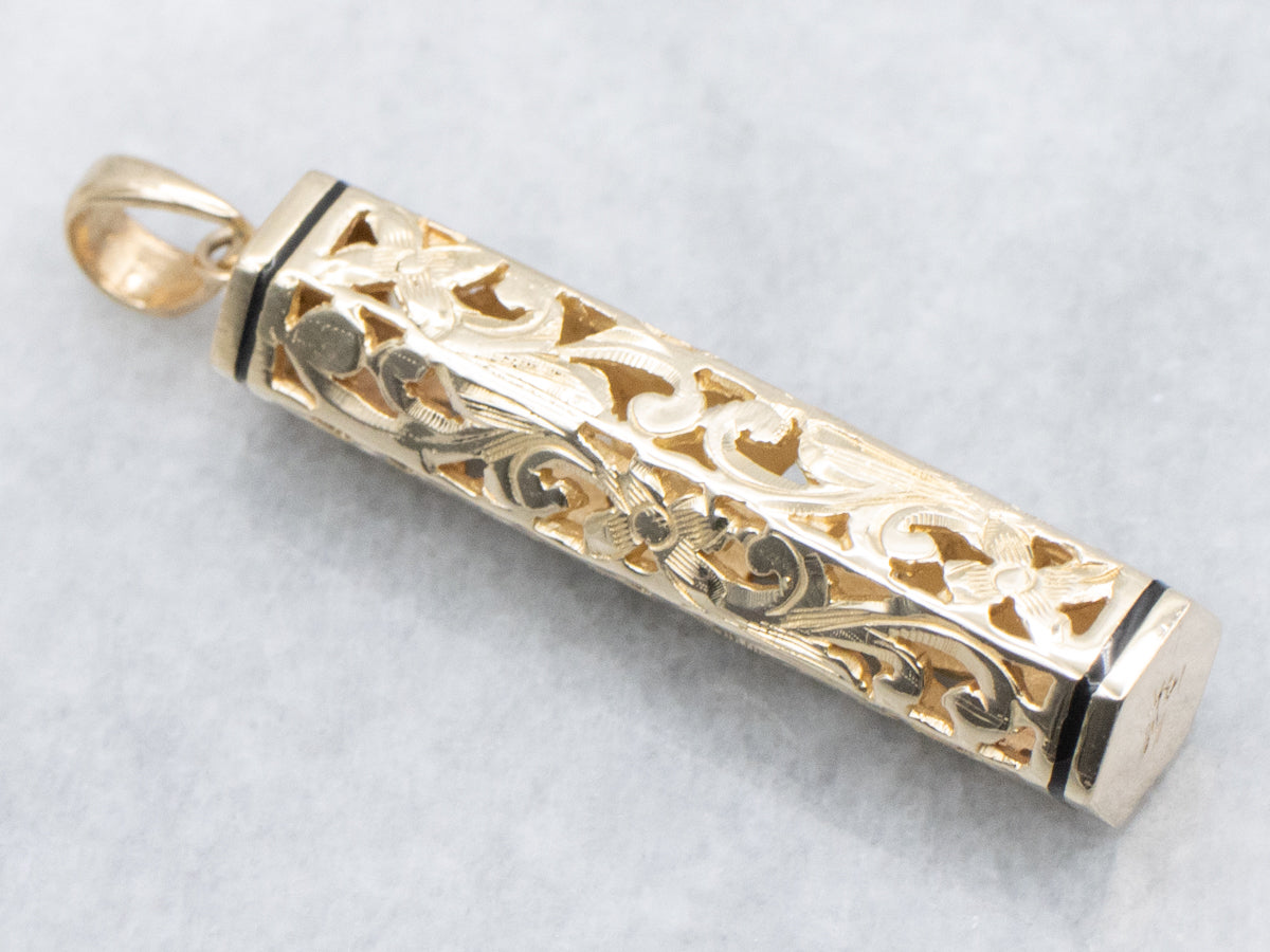Yellow Gold and Black Enamel Hawaiian Heirloom Tube Pendant