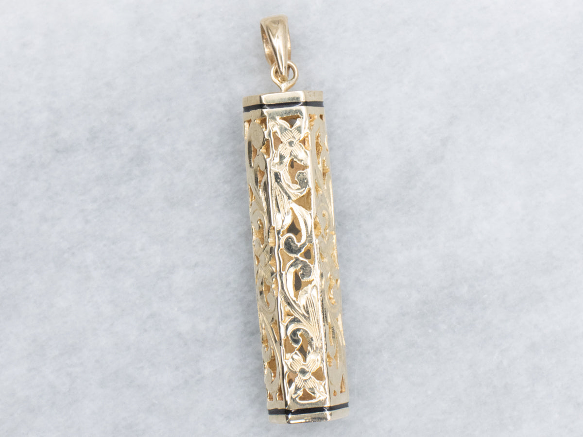 Yellow Gold and Black Enamel Hawaiian Heirloom Tube Pendant