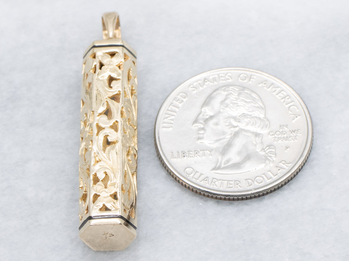 Yellow Gold and Black Enamel Hawaiian Heirloom Tube Pendant
