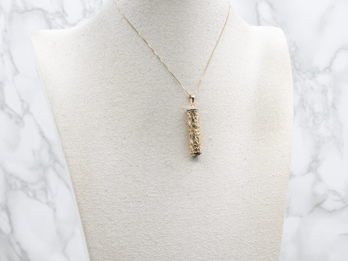 Yellow Gold and Black Enamel Hawaiian Heirloom Tube Pendant