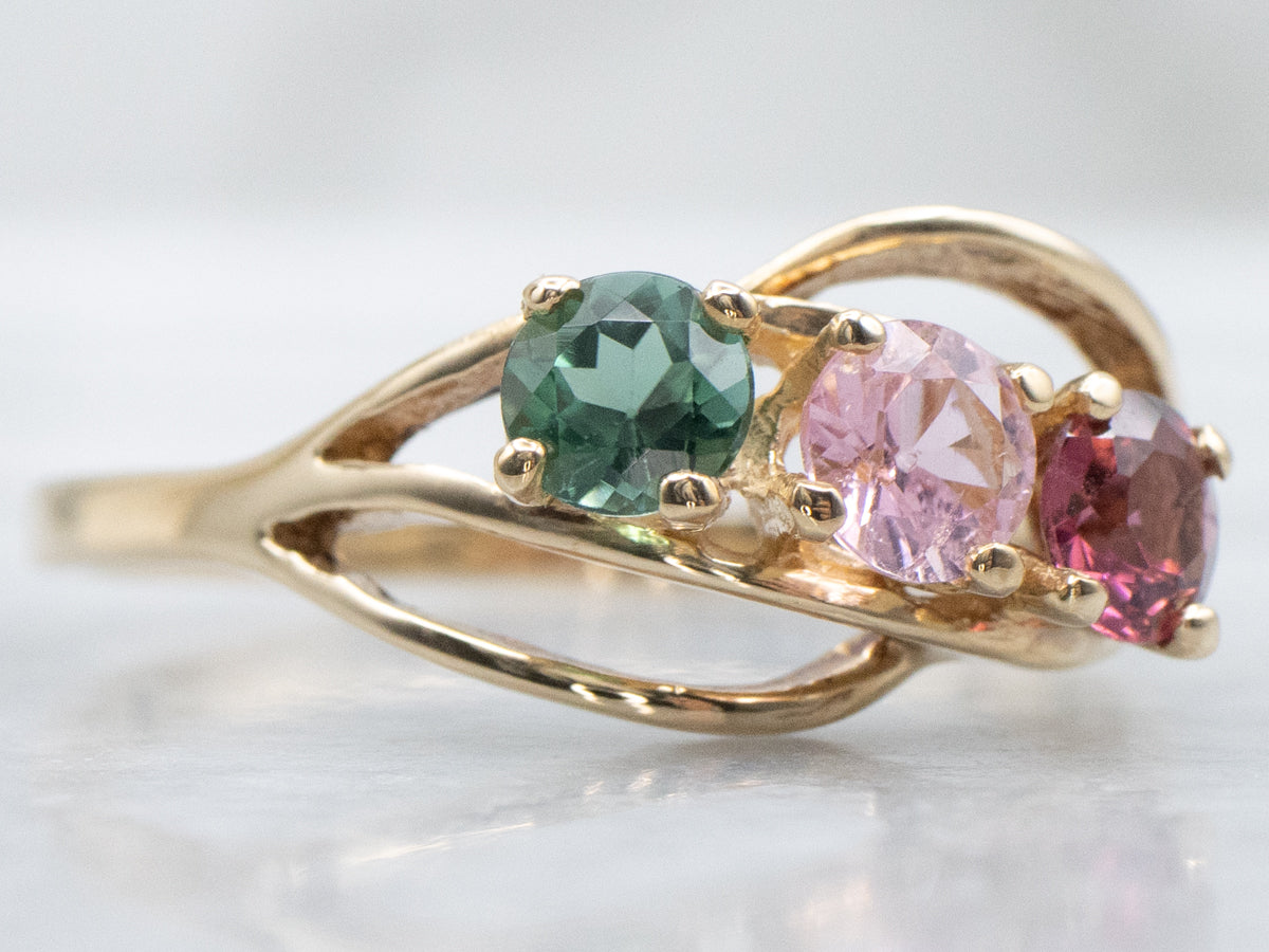 Vintage Pink and Green Tourmaline and Garnet Three-Stone Ring