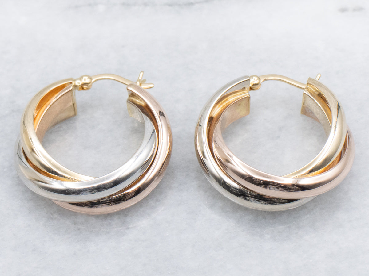 Tri-Color Gold Twisting Hoop Earrings