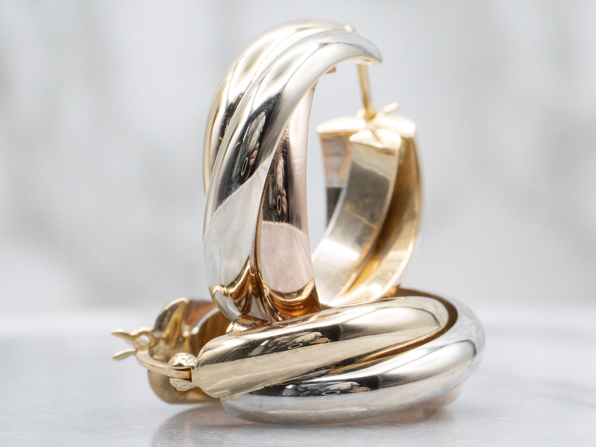 Tri-Color Gold Twisting Hoop Earrings