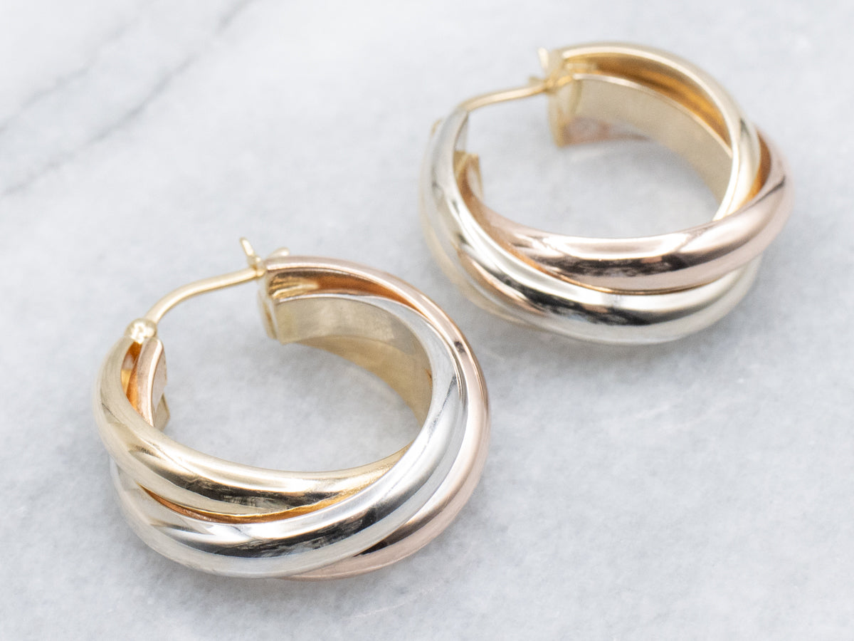 Tri-Color Gold Twisting Hoop Earrings