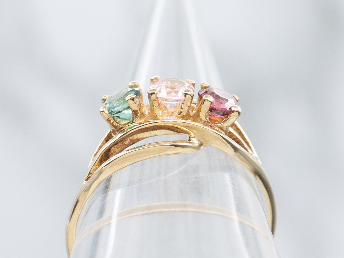 Vintage Pink and Green Tourmaline and Garnet Three-Stone Ring