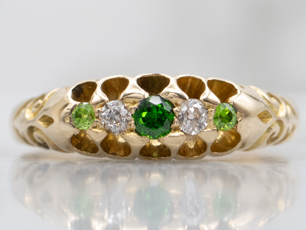 1894 Birmingham Demantoid Garnet and Old Mine Cut Diamond Ring