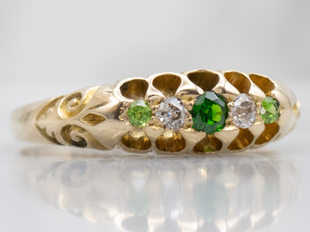 1894 Birmingham Demantoid Garnet and Old Mine Cut Diamond Ring