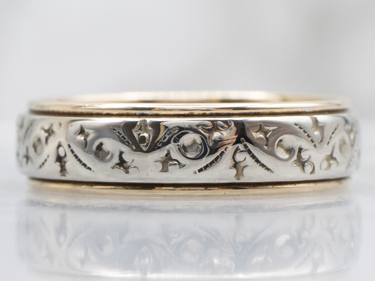 Vintage Yellow Gold Band with White Gold Patterned Center