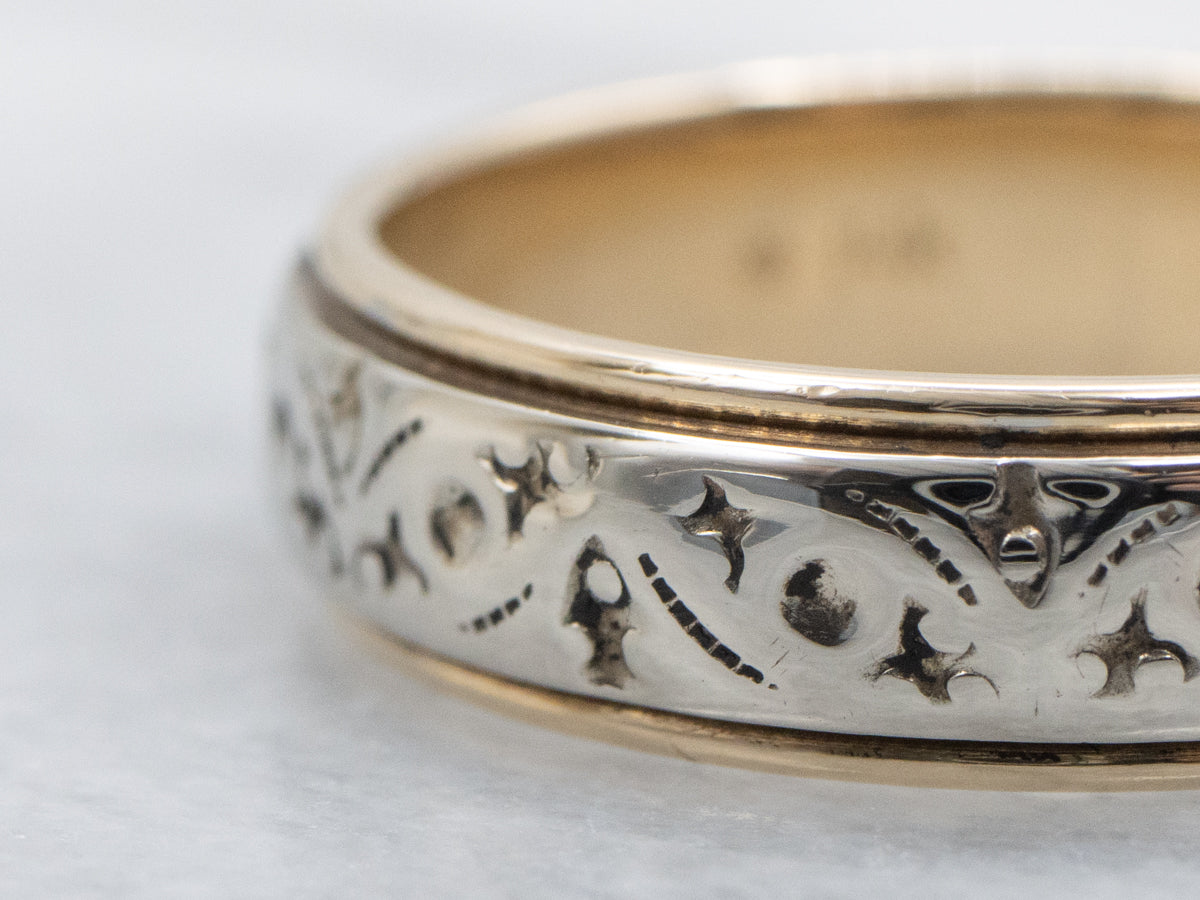 Vintage Yellow Gold Band with White Gold Patterned Center