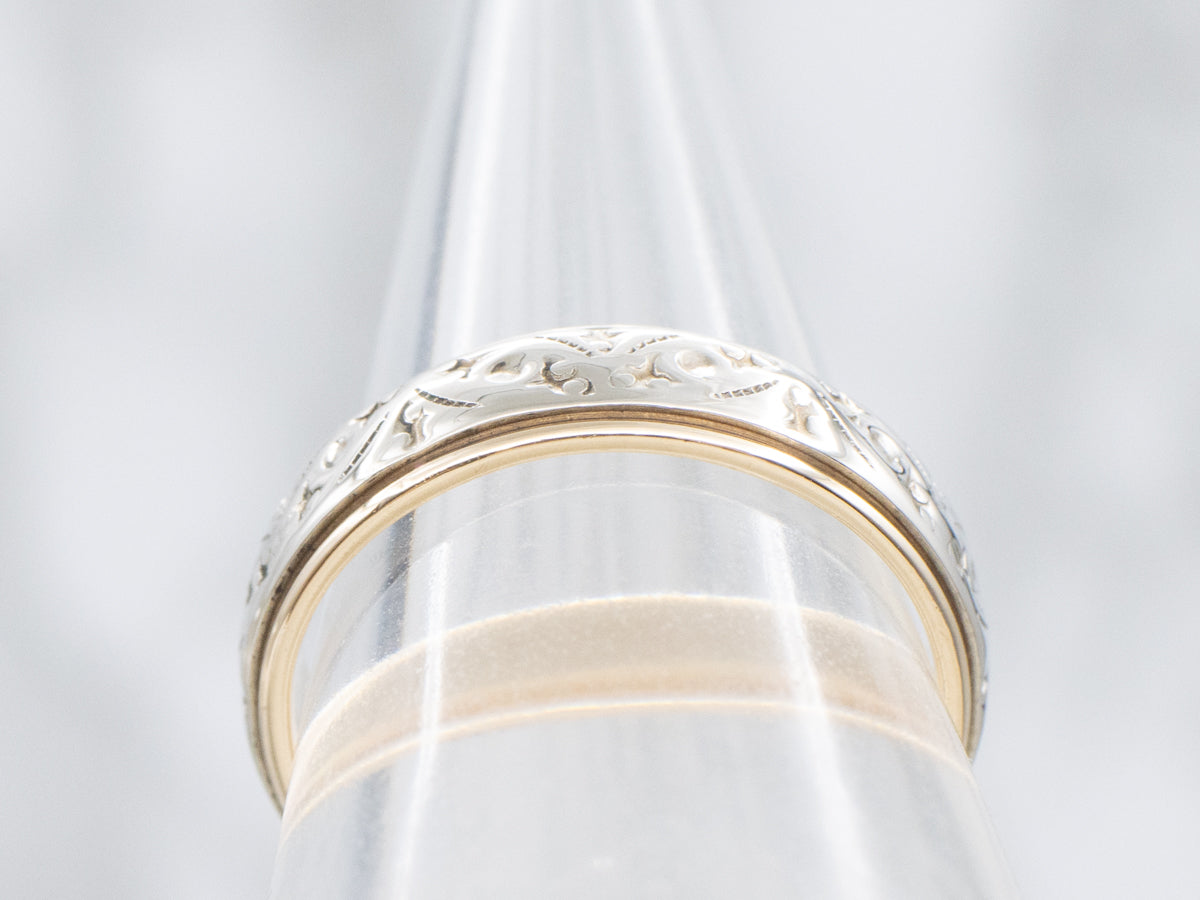 Vintage Yellow Gold Band with White Gold Patterned Center