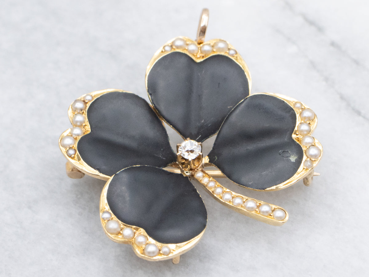 Antique Enamel Seed Pearl and Diamond Four-Leaf Clover Brooch or Pendant
